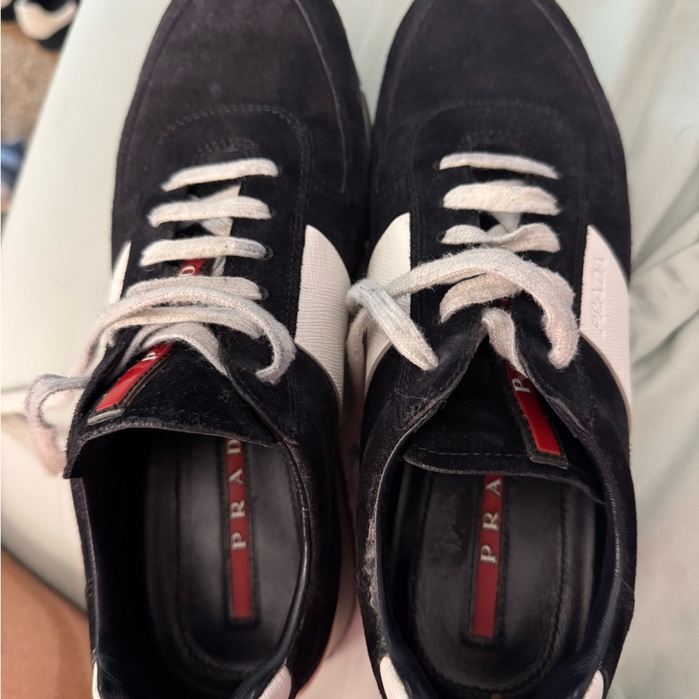 Prada Black White Suede Sneakers with Red Accents